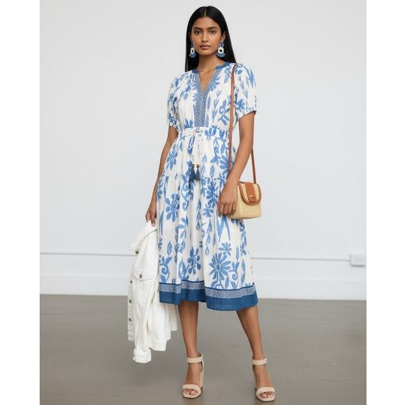 Pinch Dresses & Skirts - Pinch Coastal Comfort Blue White Floral Ikat Midi Dress Tassel Waist Size M NWT